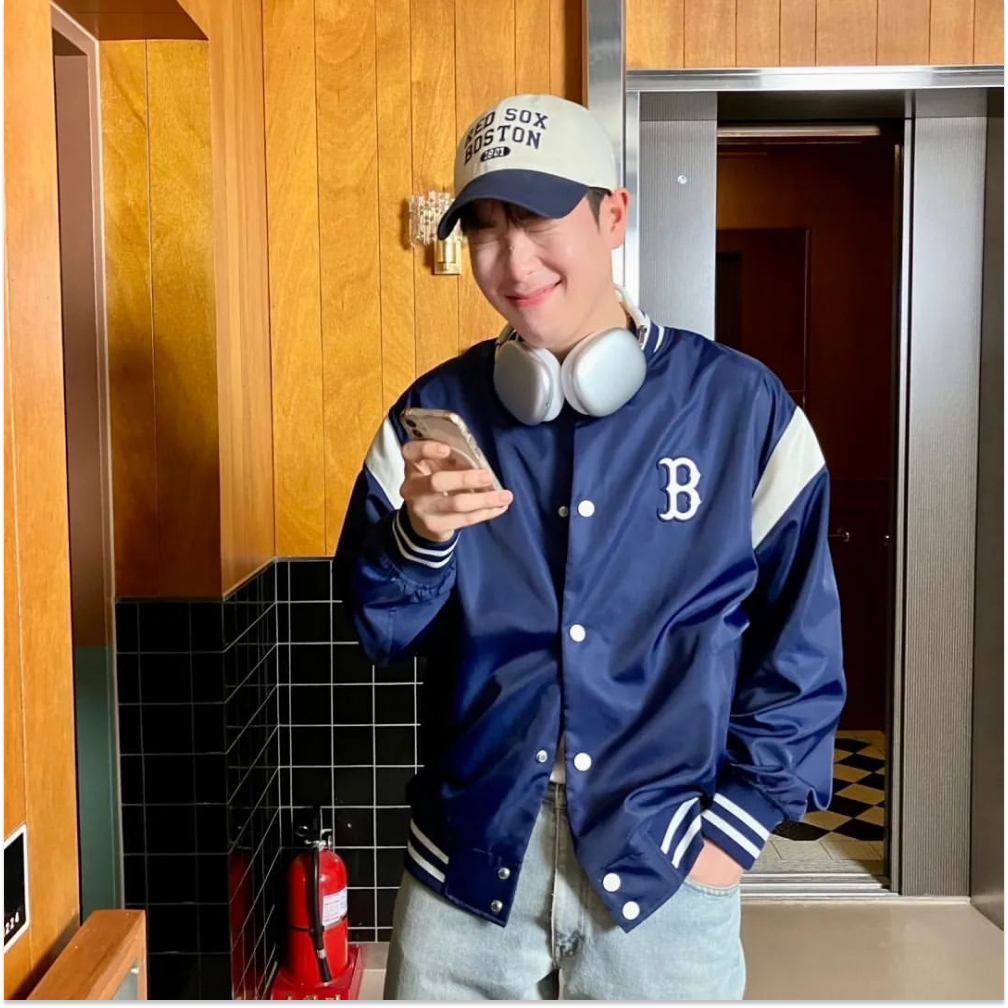 CONTENT - Pyo Jihoon's Instagram ball cap. Varsity jacket
