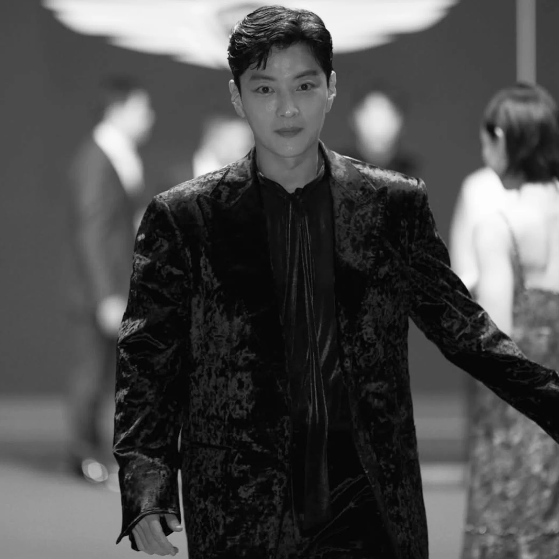 Actor Seungjo Jang in Design Lab’s signature black! velvet setup suit styled with a silk scaf shirt