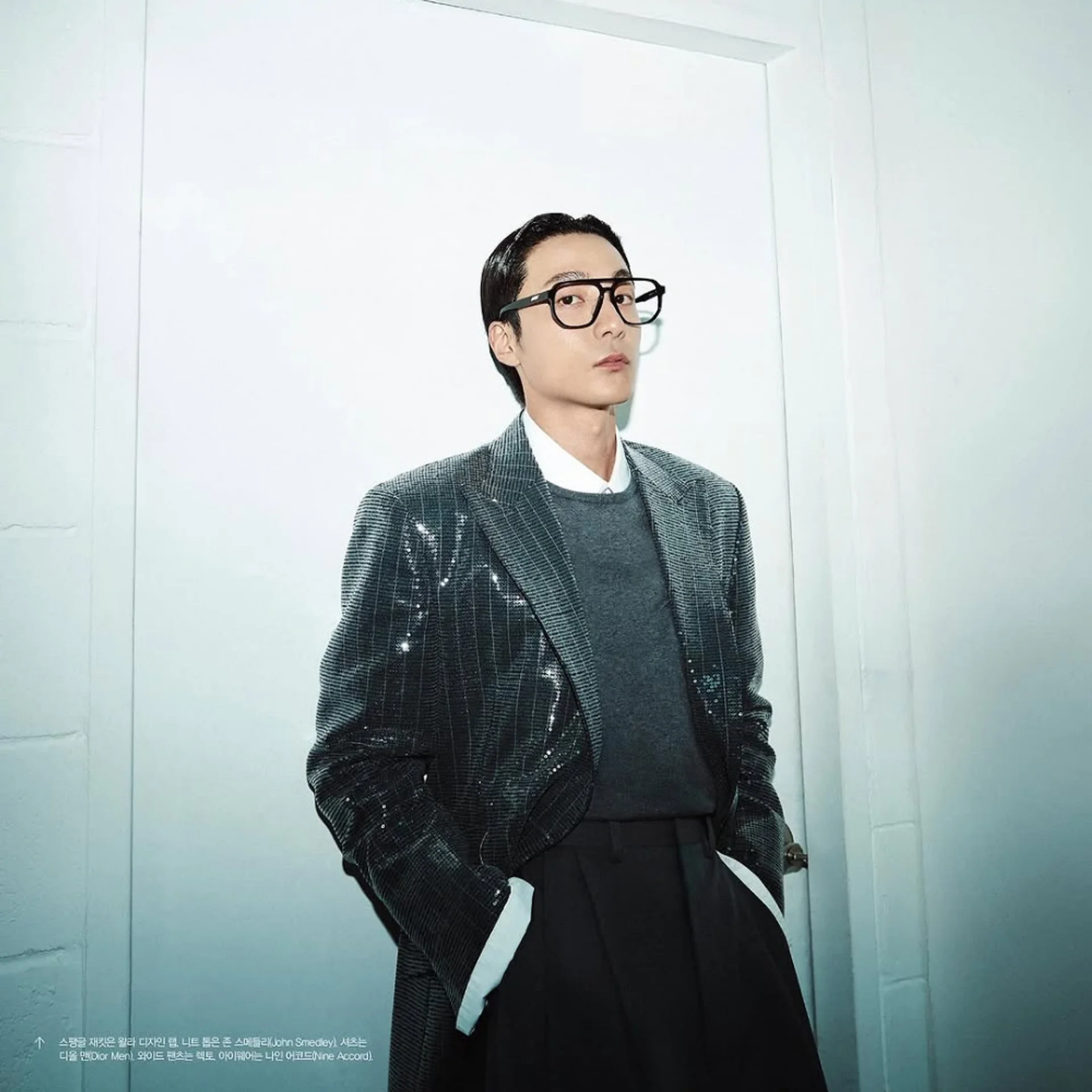 Roy Kim on Allure magazine wearing a grey edition-line suit from Design Lab