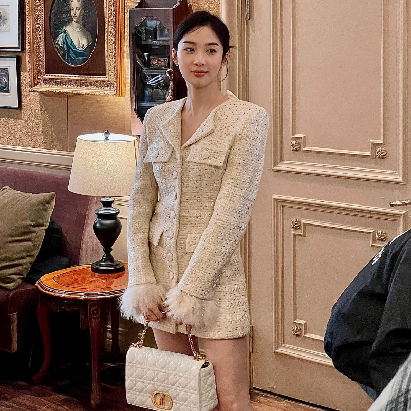 [TWEEDY-A]韓国☆ROSE VELVET RIBBON FUR JACKET★リオーダー★ Runway Designer Tweed Jacket for Women, Kpop Vintage Vneck