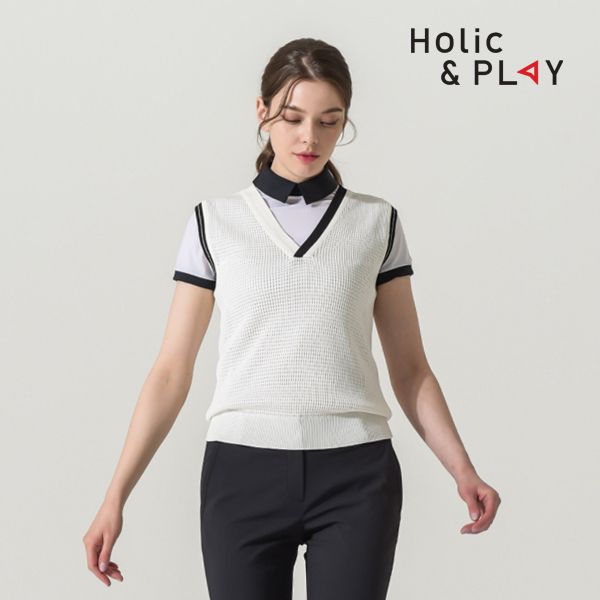 Holic & Play Women's Mesh Diagonal Knit Vest-HB2WKV001WH
