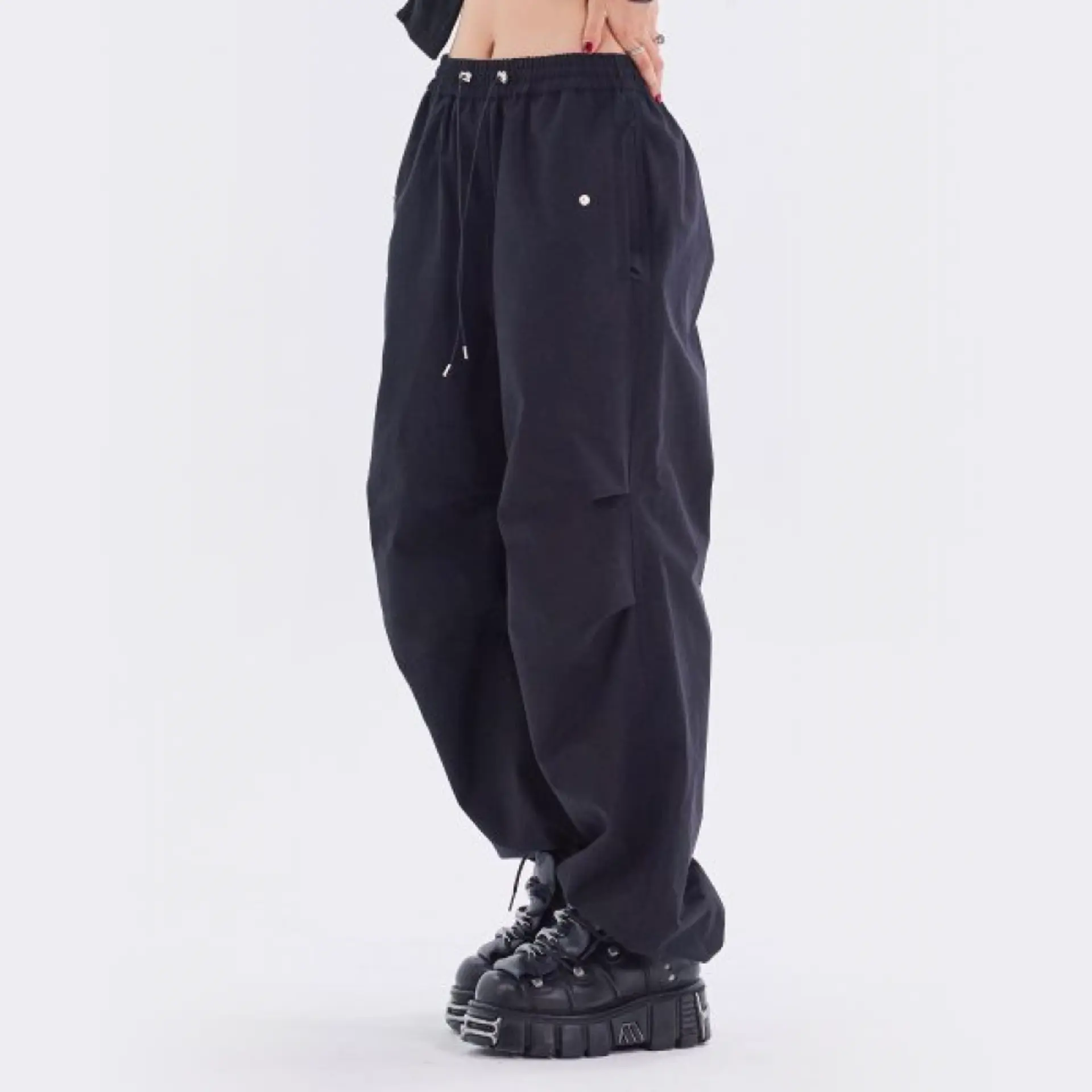 ★lalafox★HALF DENIM HALF SWEAT PANTS★Black★韓国★大人気 day half sleeve t&day nylon wide pants | ok.soon